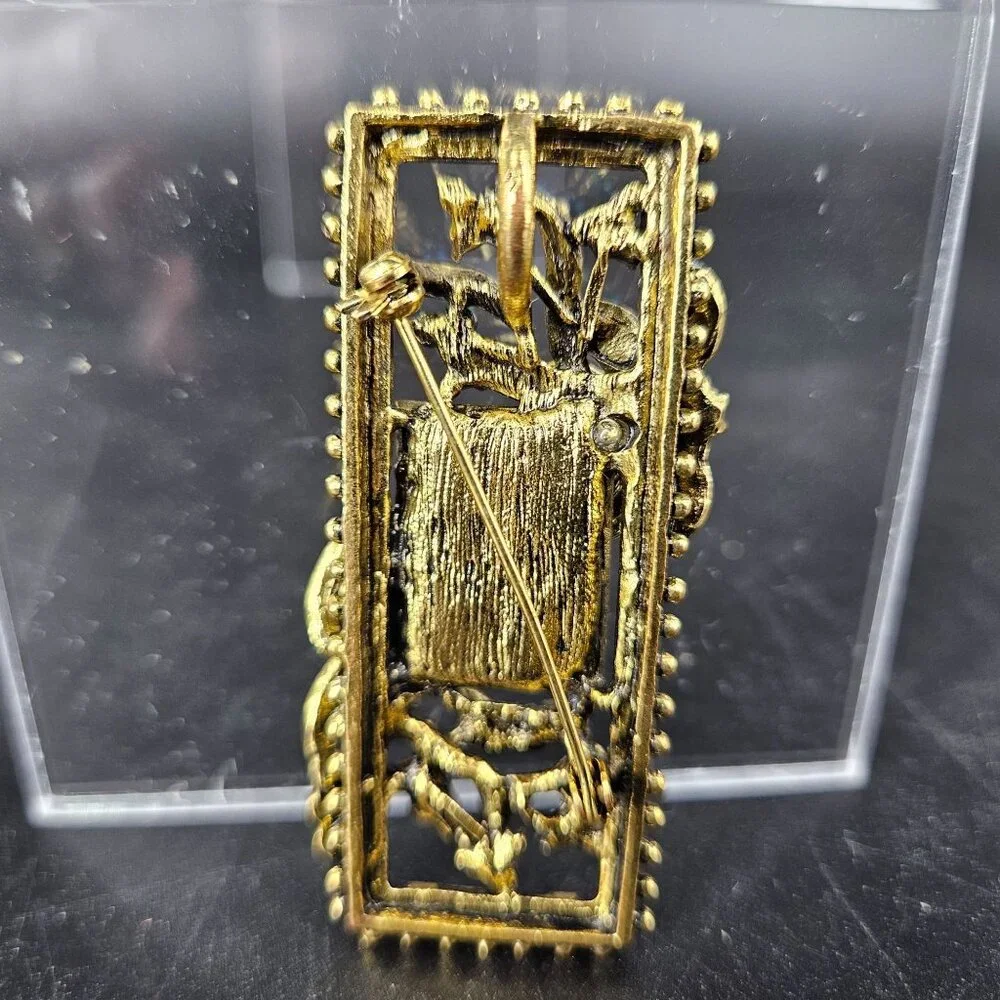 Monet Rectangle Lapel Pin Brooch Pendant Rhinestones Gold Plated Jewelry 2.25" - Picture 5 of 10